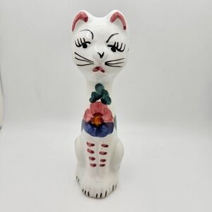 Vintage MCM Hand Painted Ceramic Cat Figurine 6" Floral Long Neck Japan Style